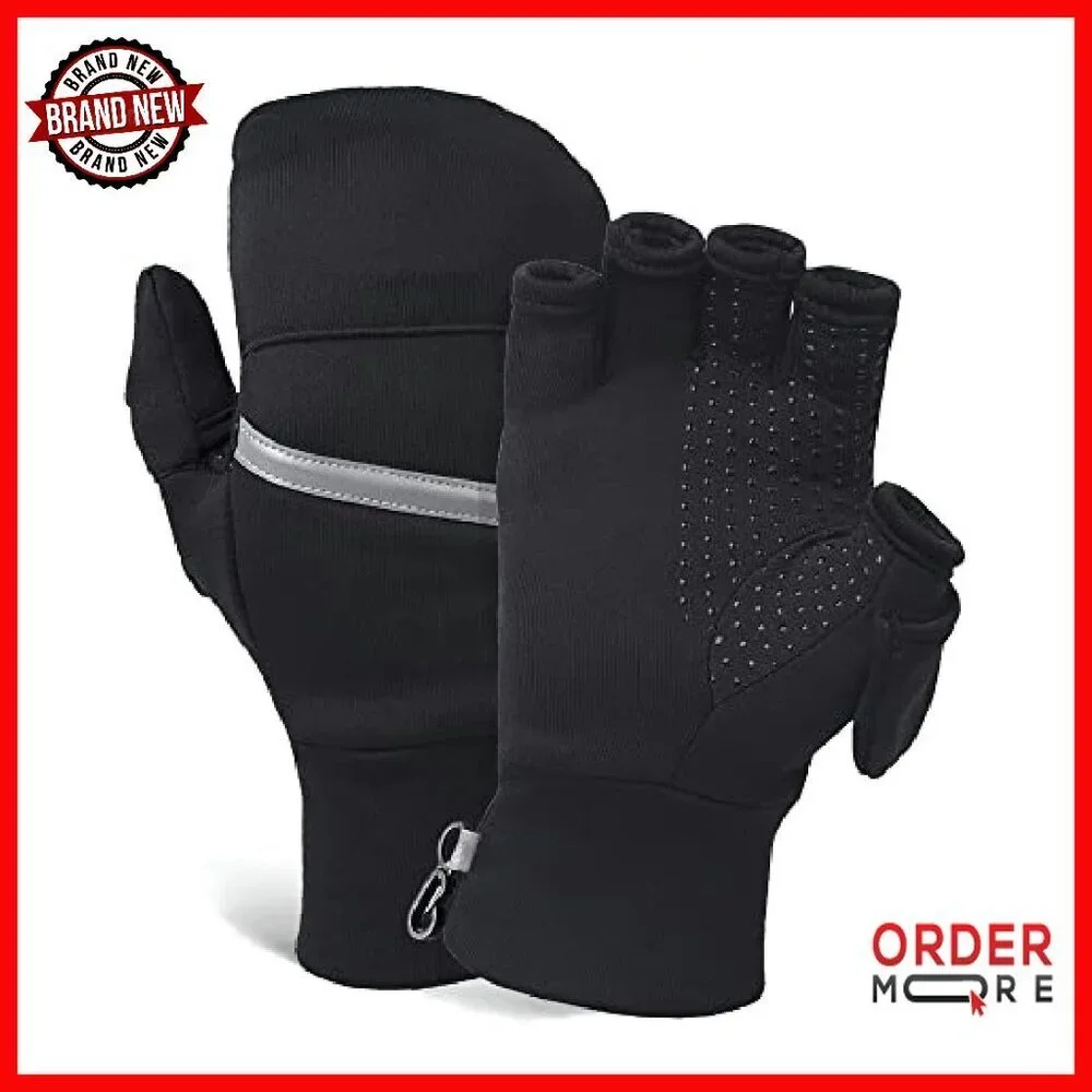 Women's Convertible Running Mittens - Fingerless Gloves Reflective Accents
